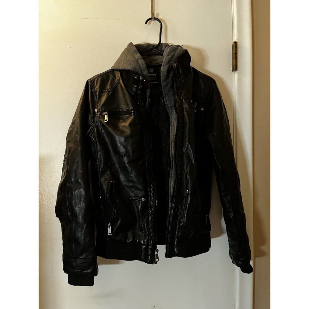 Wantdo Black Faux Leather Bomber Jacket Zip Up Coat Youth Boy’s Size 14-16